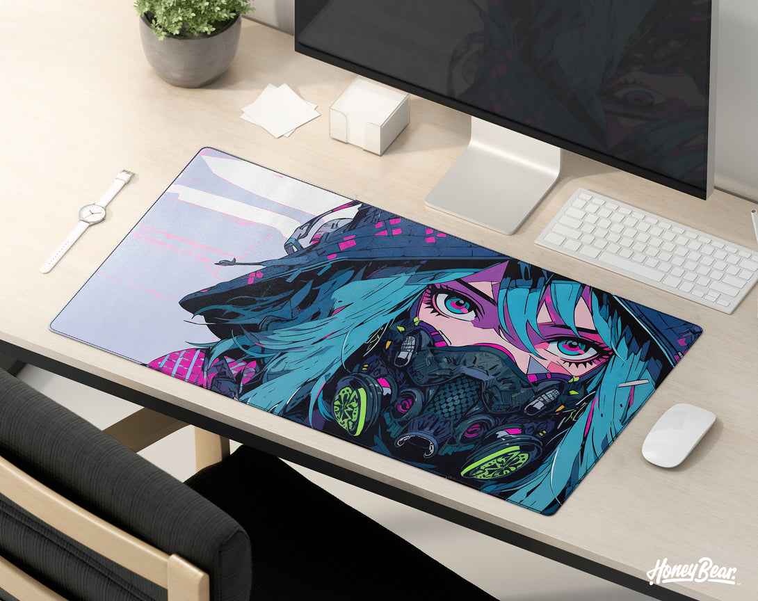 Sleek Honey Bear extra-large gaming mat with a bold anime warrior design in shades of blue and pink, featuring intricate cybernetic details, perfect for a tech-savvy gamer's setup