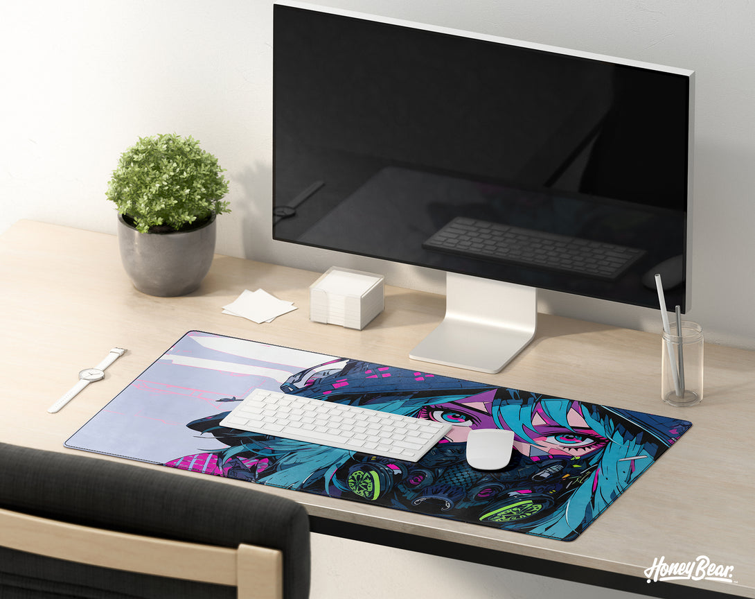 Stylish and expansive Honey Bear desk mat showcasing a detailed anime-inspired cybernetic eye illustration, designed to complement any modern gamer's desk with a pop of color