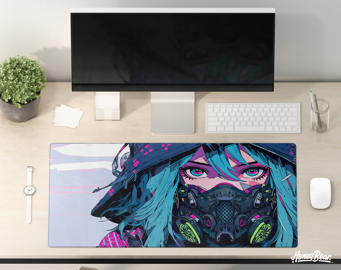 Sleek Honey Bear extra-large gaming mat with a bold anime warrior design in shades of blue and pink, featuring intricate cybernetic details, perfect for a tech-savvy gamer's setup