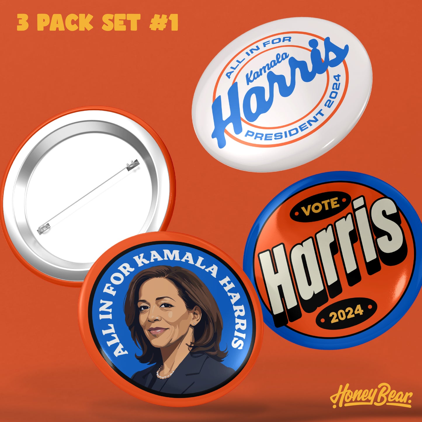 'All In For Kamala' Pin Back Button Sets (3-Pack, 6-Pack)