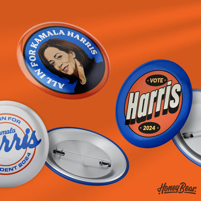 'All In For Kamala' Pin Back Button Sets (3-Pack, 6-Pack)