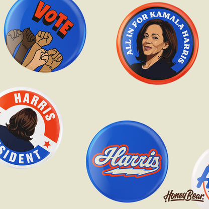 'All In For Kamala' Pin Back Button Sets (3-Pack, 6-Pack)