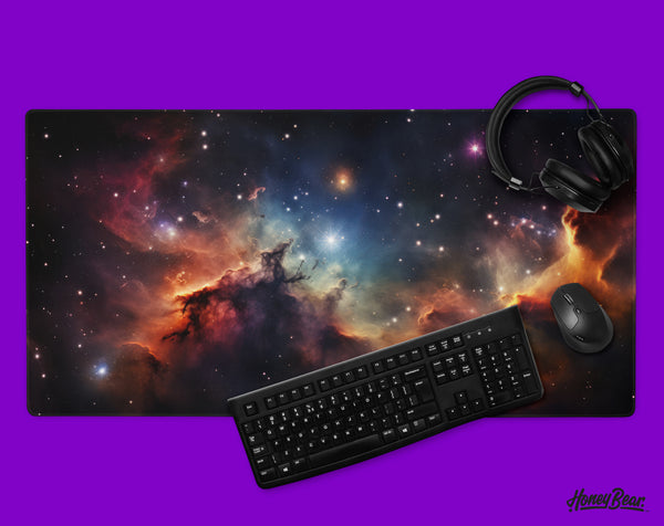 Starry nebula desk mat with vibrant cosmic cloud patterns, enhancing the ambiance of a gaming setup with its deep space visuals – Honey Bear