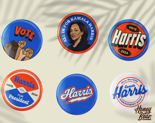 'All In For Kamala' Pin Back Button Sets (3-Pack, 6-Pack)