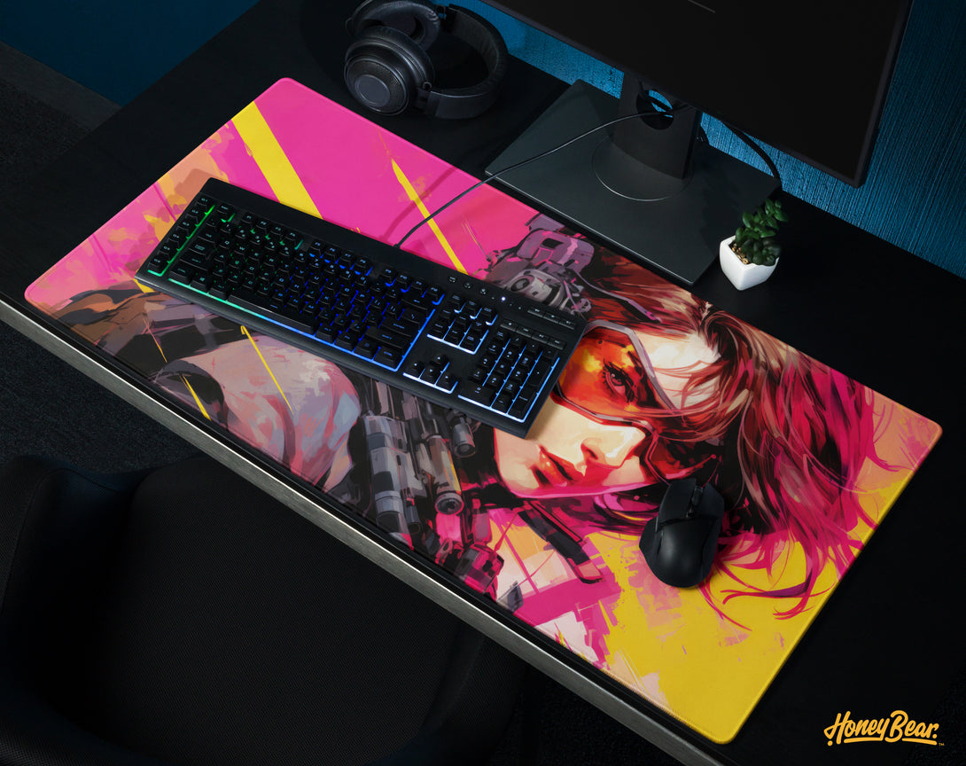 Vibrant anime-style desk mat featuring a dynamic female cyberpunk character with striking pink hair, part of the Honey Bear collection, perfect for gaming and office setups