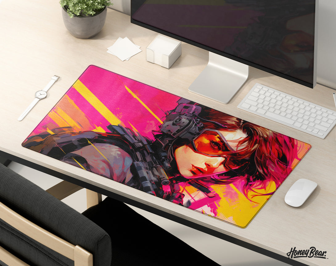 Vibrant anime-style desk mat featuring a dynamic female character with striking pink hair, part of the Honey Bear collection, perfect for gaming and office setups