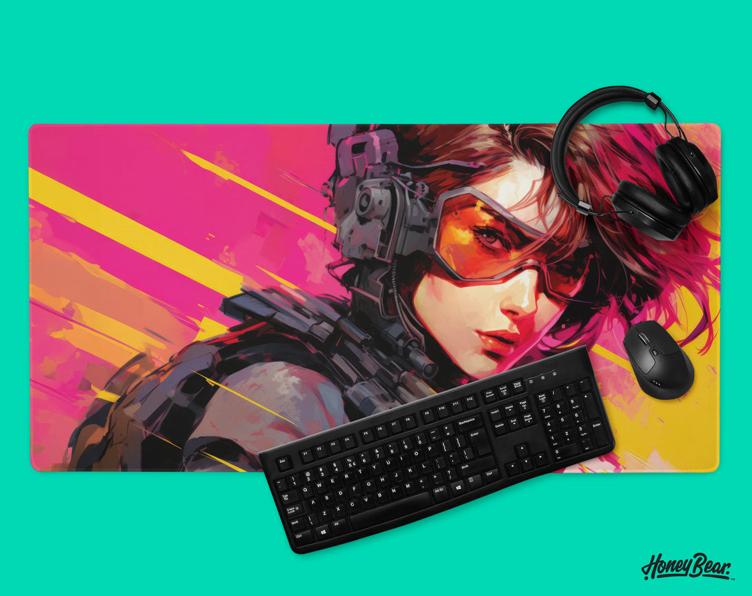 Vibrant anime-style desk mat featuring a dynamic female character with striking pink hair, part of the Honey Bear collection, perfect for gaming and office setups