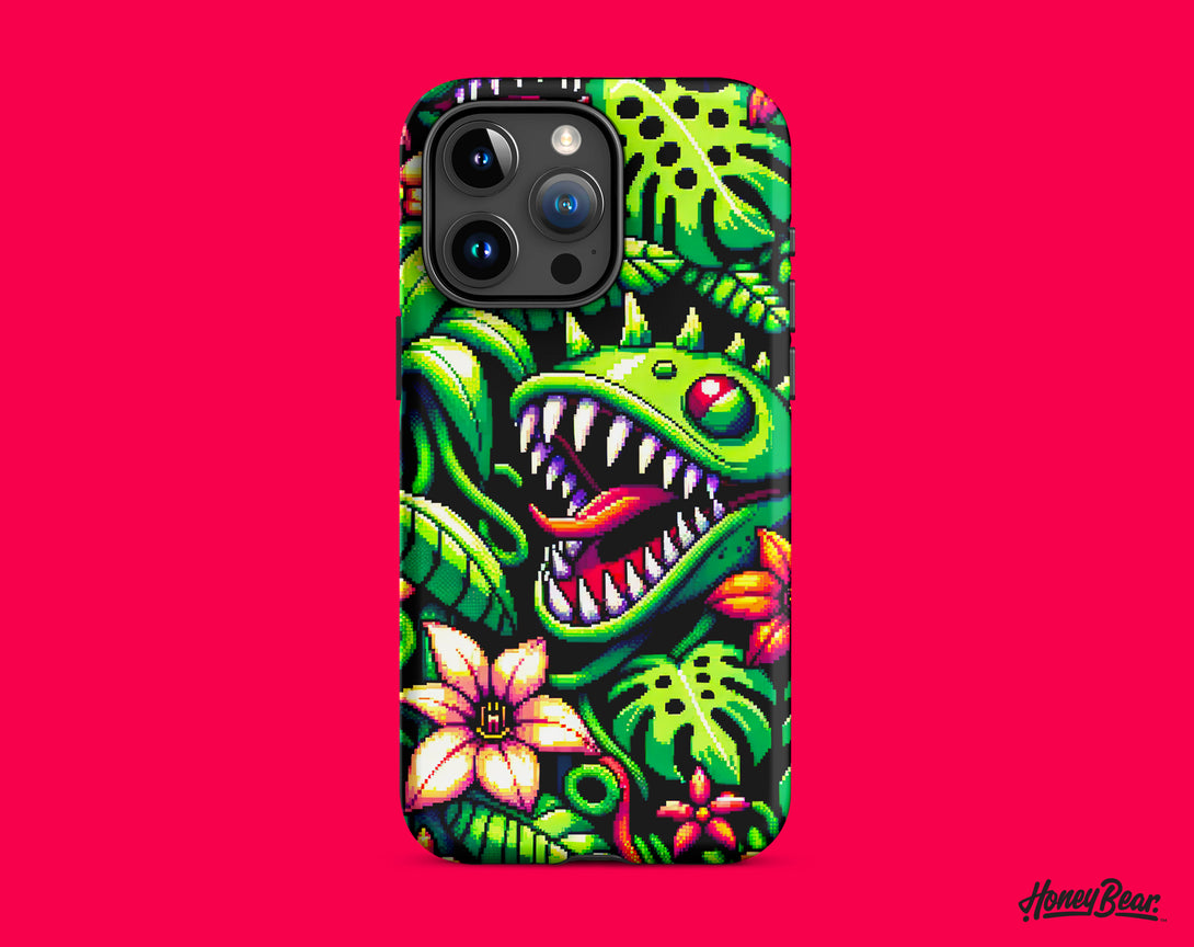 Retro Pixel Art phone case for iPhone, with Carnivorous Plants in Tropical leaves – Honey Bear