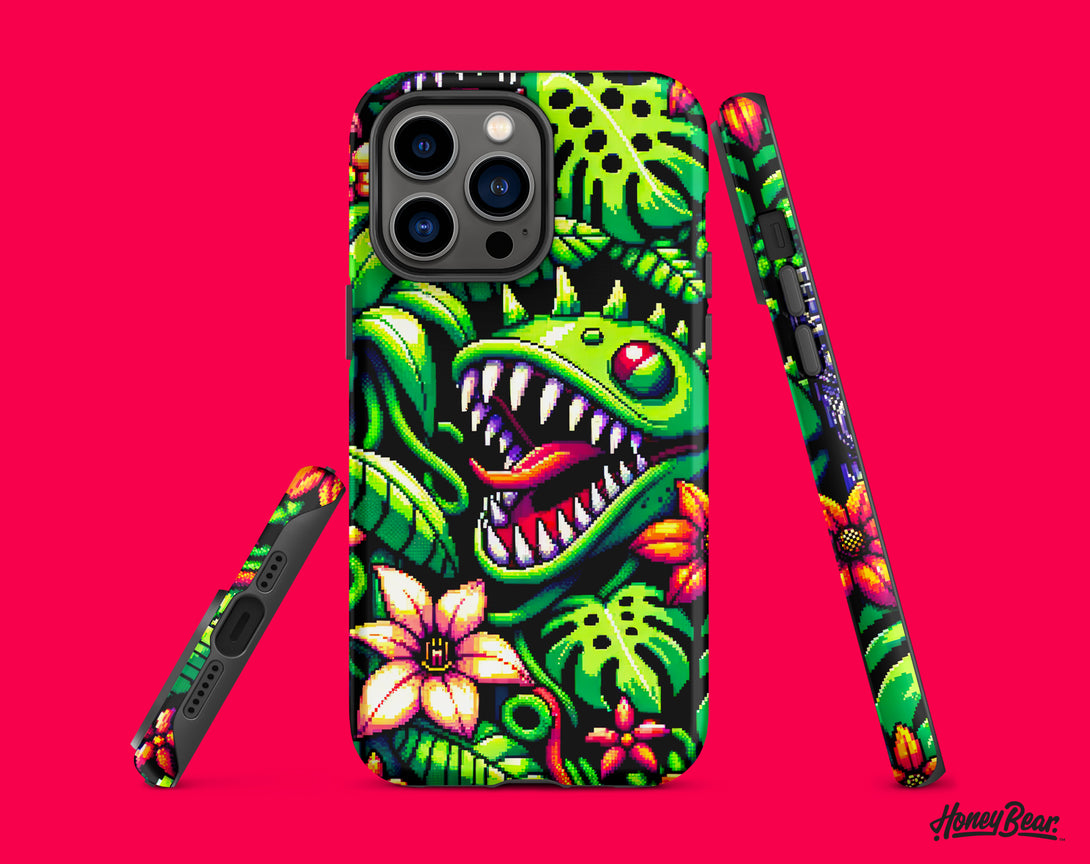 Retro Pixel Art phone case for iPhone, with Carnivorous Plants in Tropical leaves – Honey Bear