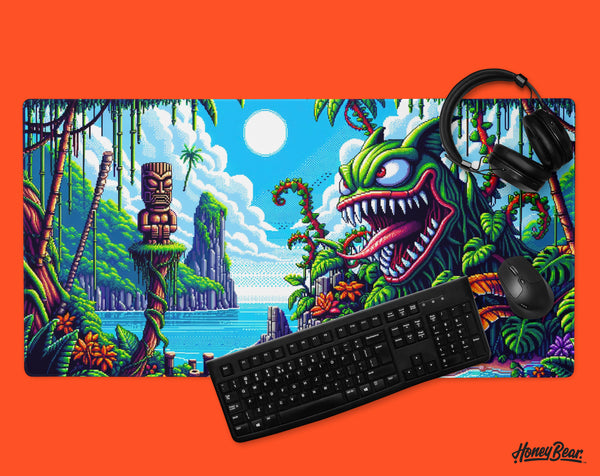 Colorful and adventurous desk mat showcasing a retro video game-style jungle landscape with a carnivorous plant creature, a perfect addition to any game enthusiast’s setup – Honey Bear
