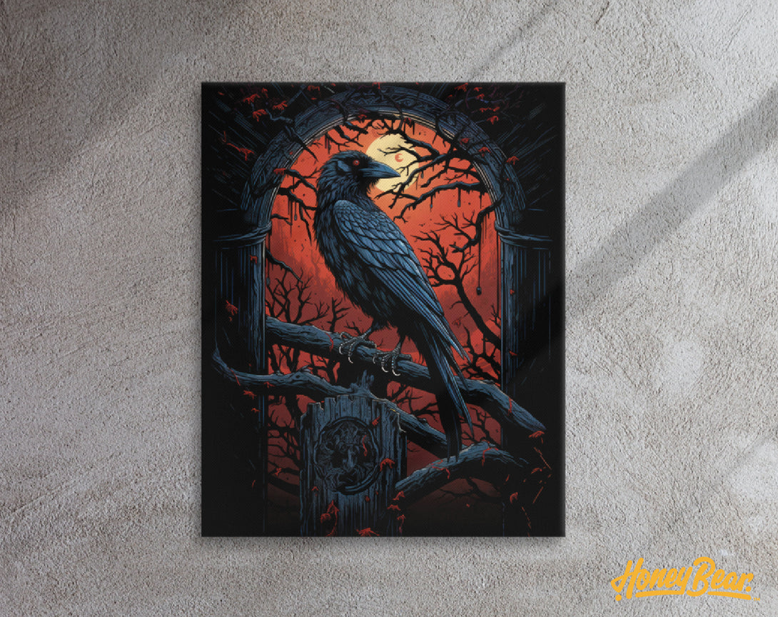 Spooky crow art canvas hanging on a concrete wall | canvas features a Vintage halloween crow on a branch with a moonlit background