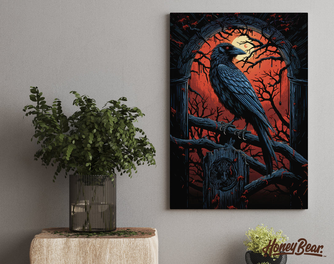 Spooky crow art canvas hanging on a gray wall with plants in front | canvas features a Vintage halloween crow on a branch with a moonlit background