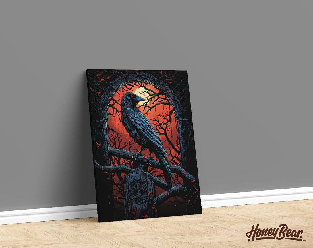 Spooky crow art canvas leaning on a tan wall | gothic crow art canvas features a crow on a branch with an orange moonlit background