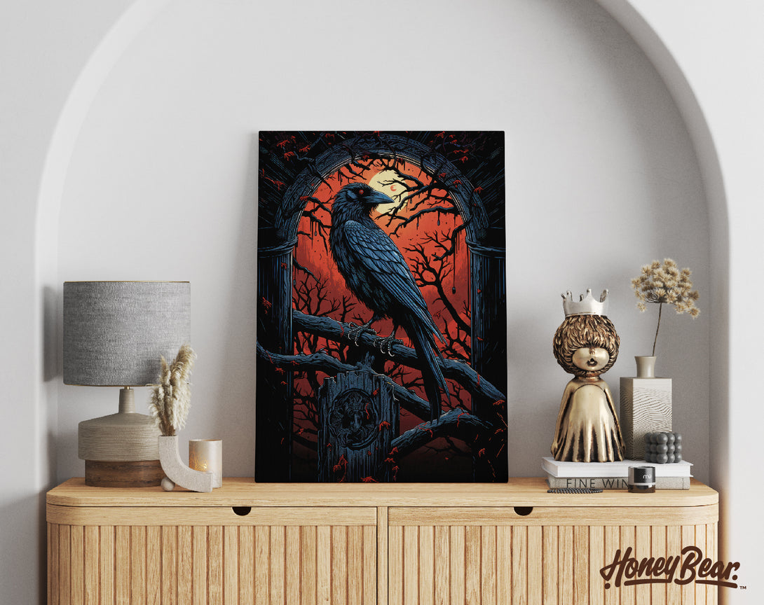 Spooky crow art canvas on top of a tan dresser with bedroom decor  | gothic crow art canvas features a crow on a branch with an orange moonlit background