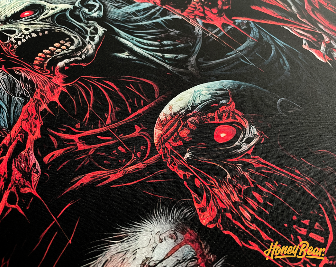 closeup of zombie-themed gaming mousepad features terrifying zombies with red eyes