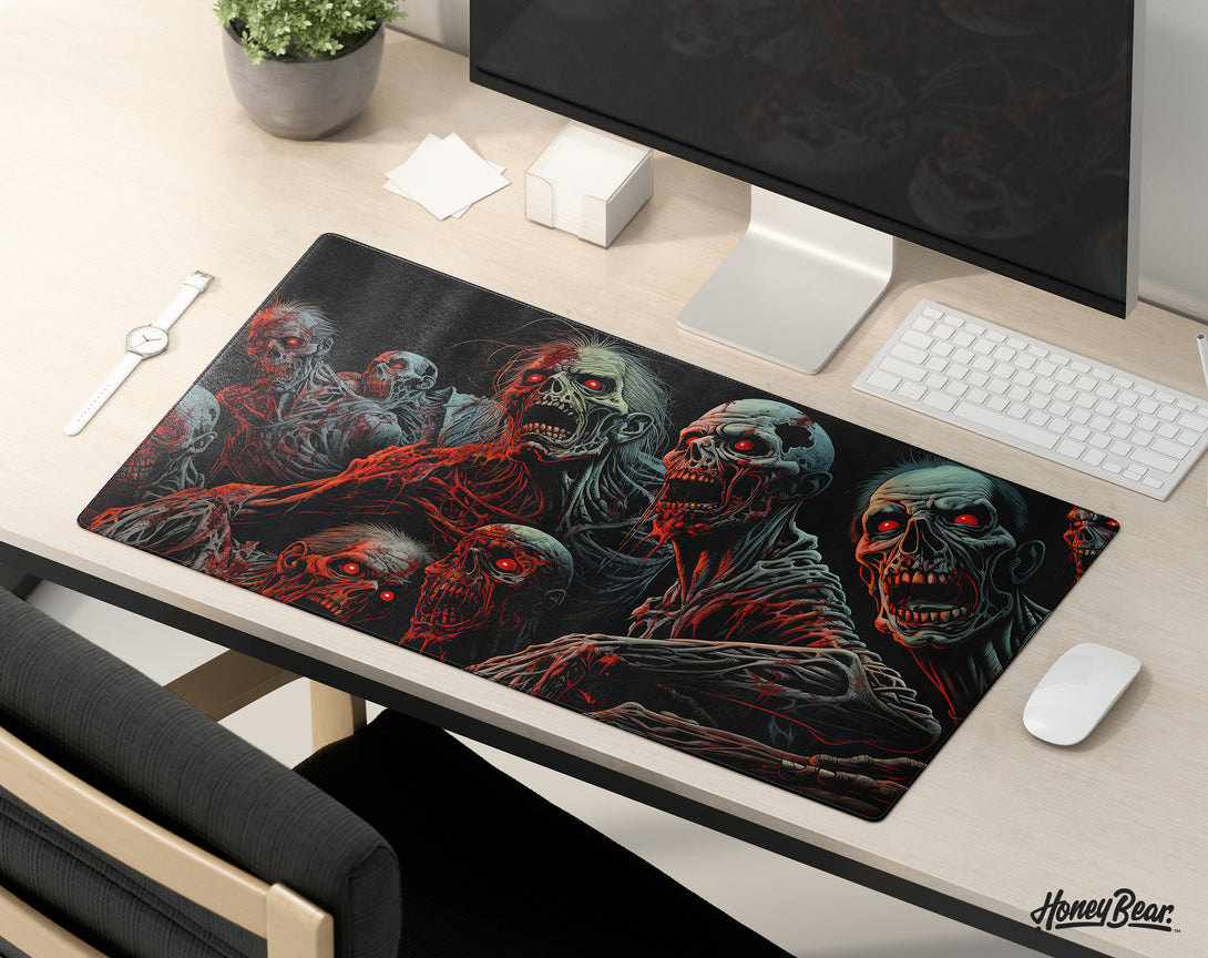 Spine-tingling large desk pad with an eerie zombie illustration, complete with haunting red eyes and macabre details, adding a terrifying touch to any gamer's desk – Honey Bear