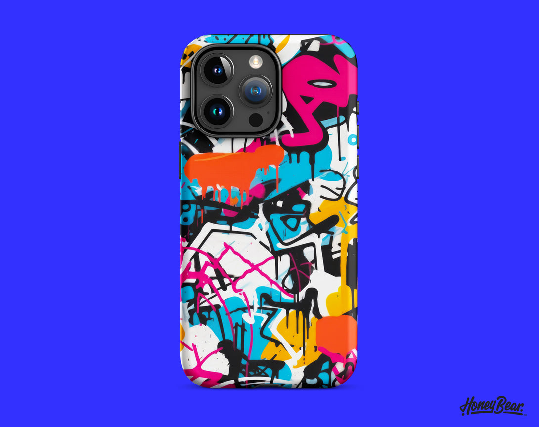 Graffiti art phone case for iPhone 15, with bold splashes of blue, pink, and orange – Honey Bear