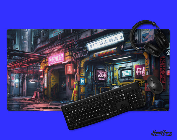 Immersive, extra-large desk pad with a detailed cyberpunk metropolis design and vibrant tech-inspired motifs, enhancing the modern gamer’s experience – Honey Bear