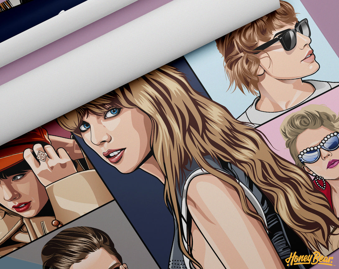 Rolled Taylor Swift Eras Tour Poster on purple tabletop | 11x17 vinyl print | Features albums: Midnights, Red, 1989, Reputation, Lover