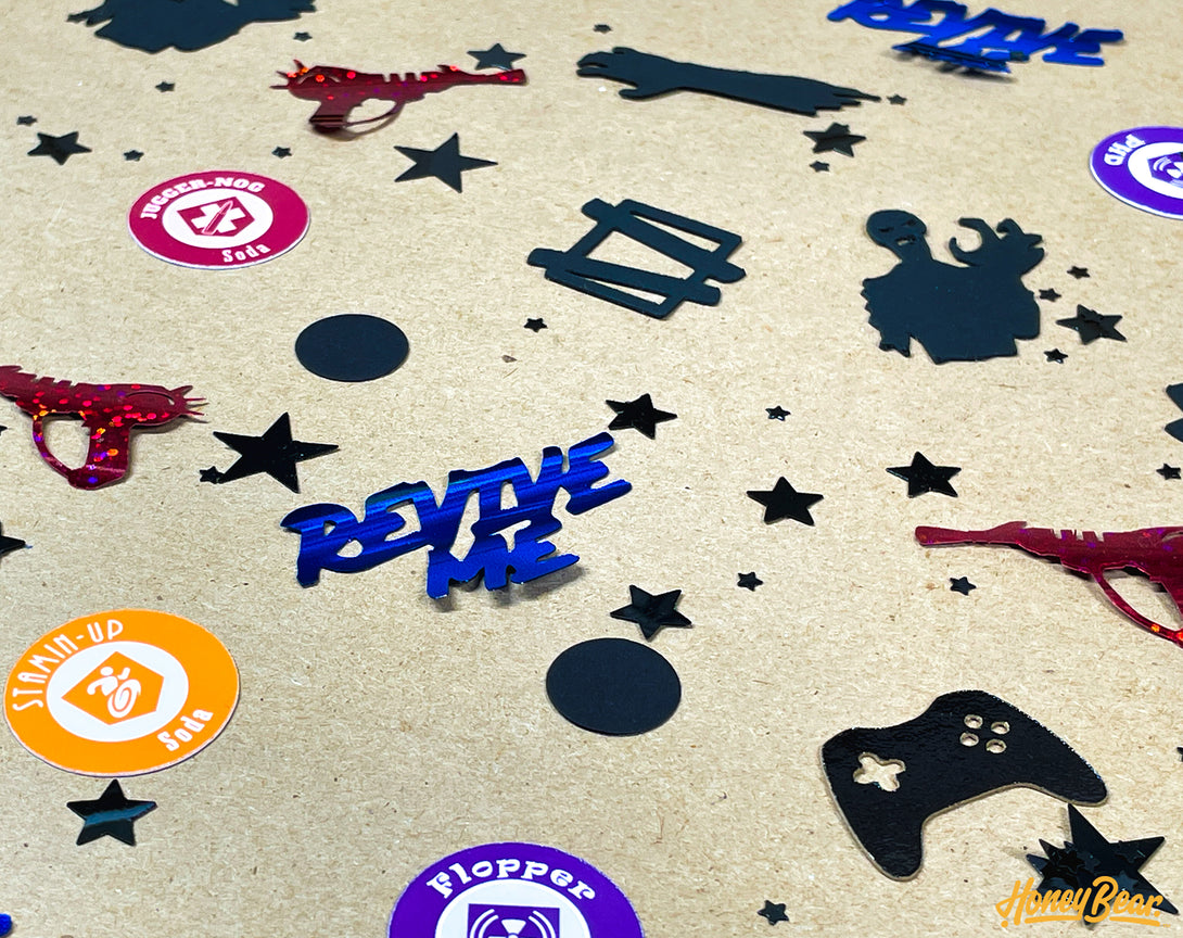 Detailed view of zombie game-inspired party banner and confetti, ideal for themed birthdays or events