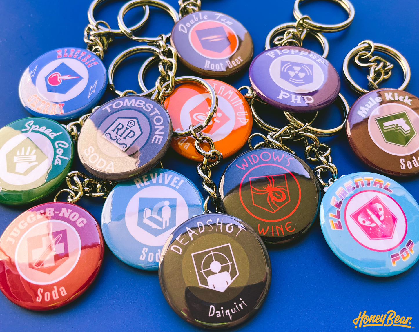 Vibrant collection of zombies perk keychains, made with high-quality materials.