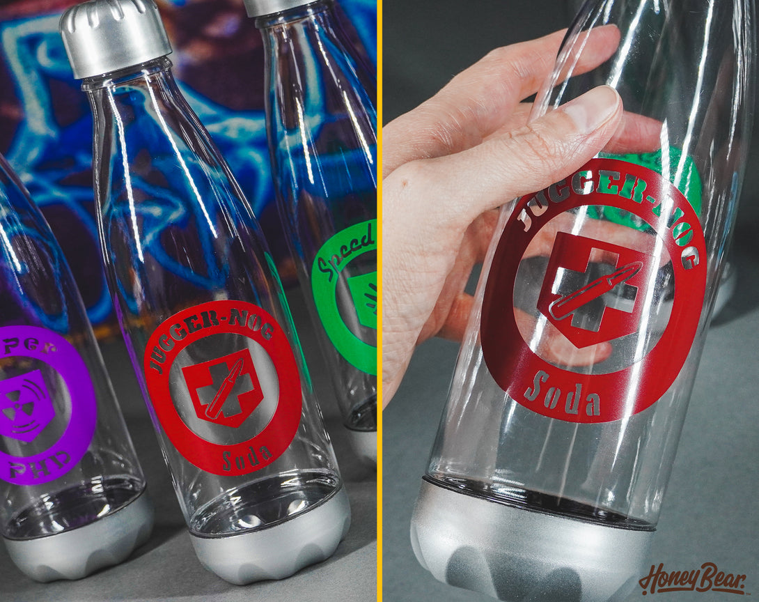 Close-up of a gaming-themed hydration bottle, adorned with weatherproof decals from zombie games.