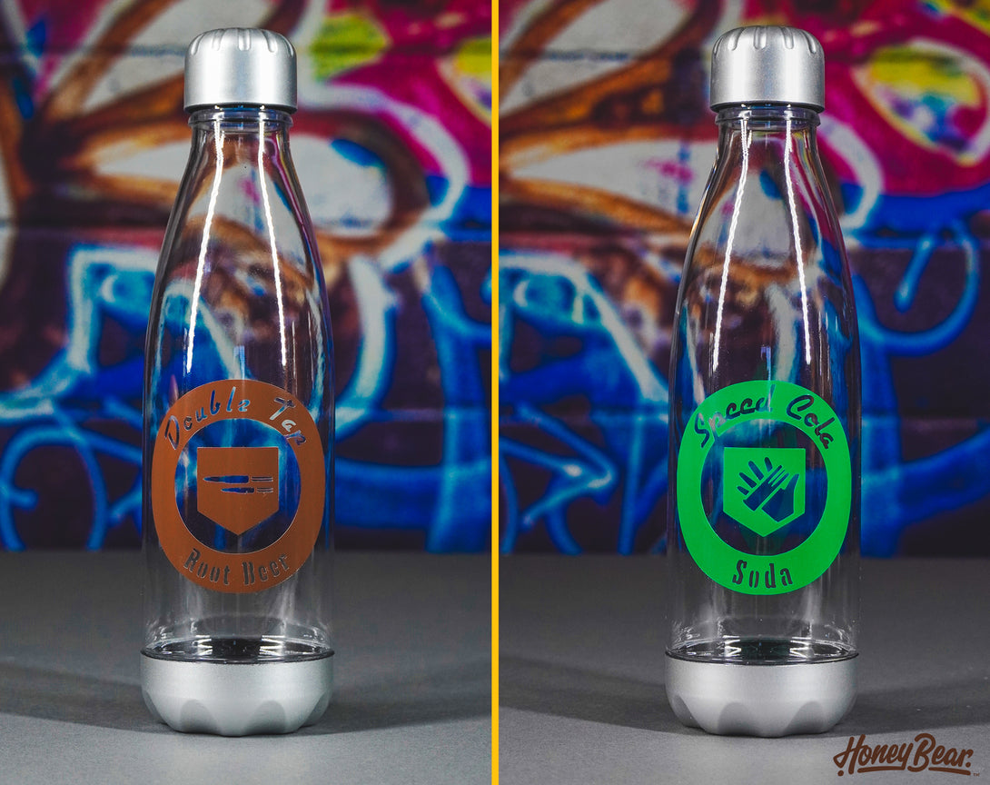 Ergonomic and safe gaming water bottle, BPA-free with permanent vinyl decals inspired by survival games.