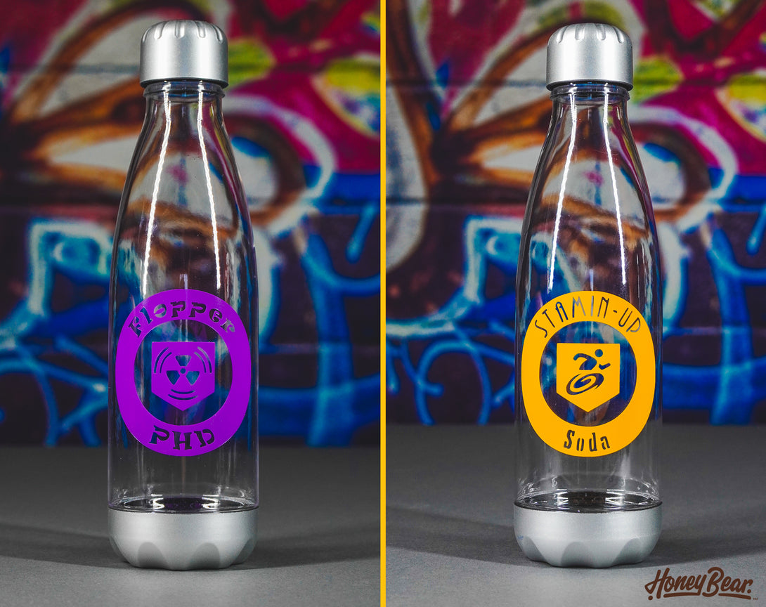 Stylish and functional water bottle for gamers, featuring retro zombie game perk decorations.