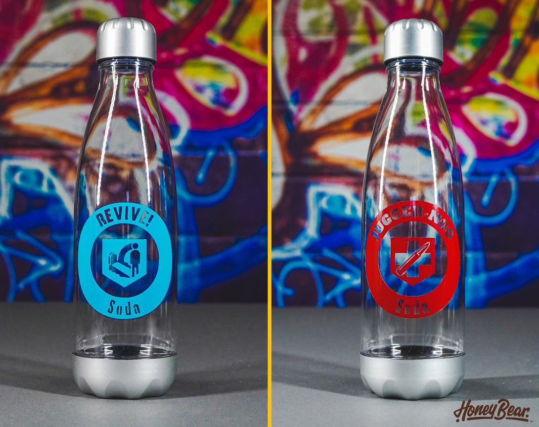 24oz water bottle with vibrant decals inspired by popular zombie survival game perks, perfect for gamers.