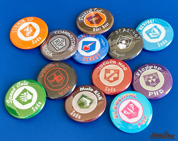 Collection of six zombie-themed gaming perk buttons, featuring vibrant colors and iconic designs from popular survival games.
