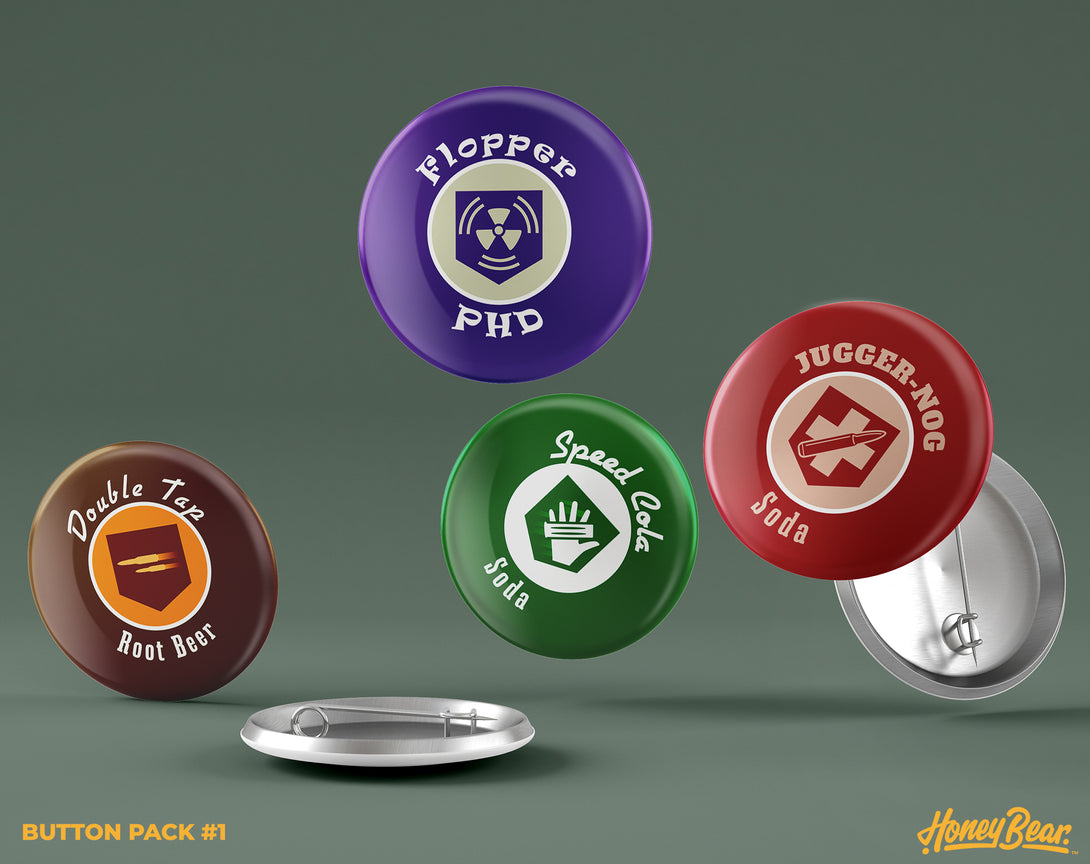 Limited edition set of zombie game inspired perk buttons, capturing the essence of survival gaming.