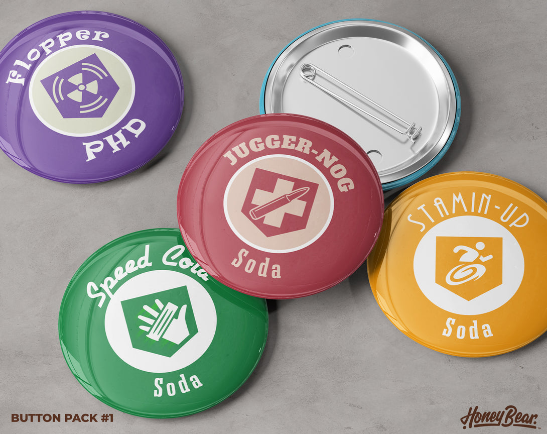 "High-quality badge set themed around perks from popular zombie survival games, designed for gamers and collectors