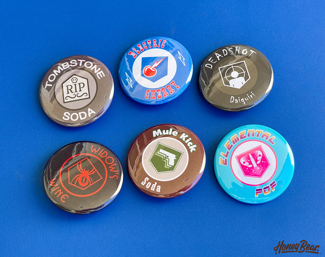"High-quality badge set themed around perks from popular zombie survival games, designed for gamers and collectors