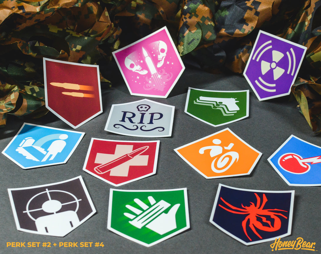 Exclusive sticker set featuring various perks from iconic zombie-themed games, a must-have for gaming enthusiasts."