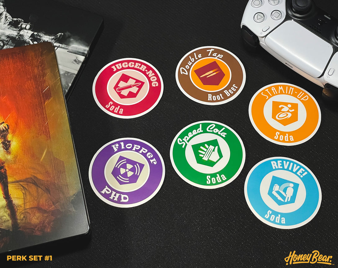 Assorted high-quality glossy perk stickers inspired by retro zombie games, ideal for decorating gaming devices