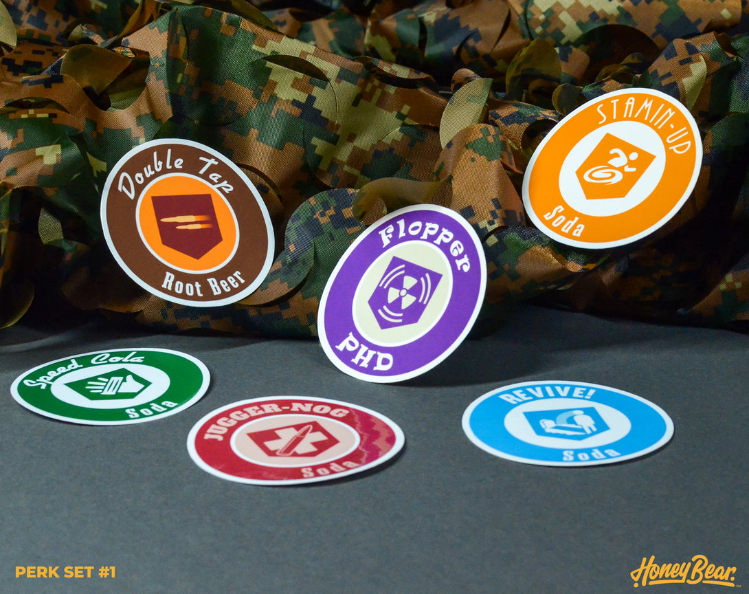 Variety of vibrant and colorful perk decals, each representing a unique element from classic zombie survival games.